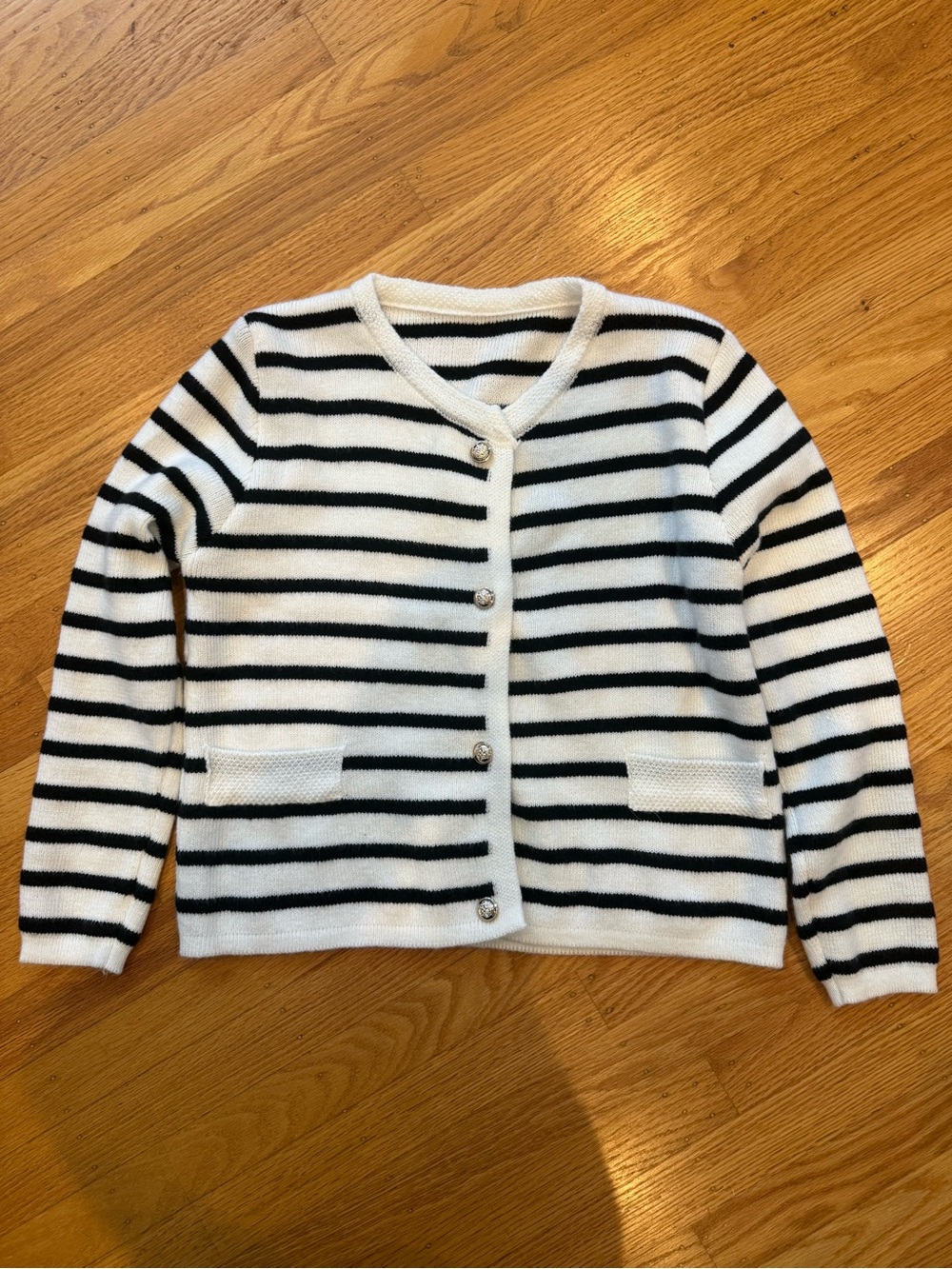 Women’s Striped Button-Front Cardigan Sweater in White and Black
